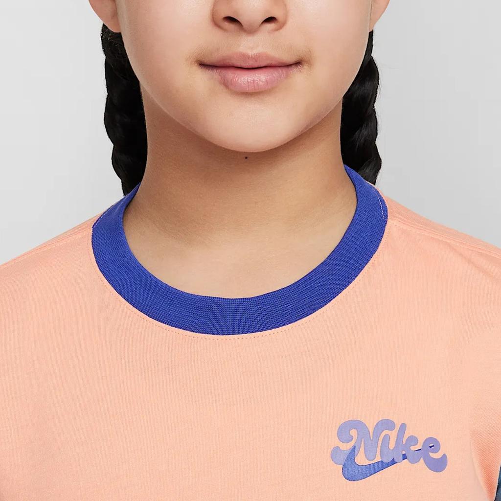 Nike Sportswear T-Shirt Logo Letter Crew Neck Cotton Short Sleeve Kids Tops Light-Yellow Pink HQ3244-844