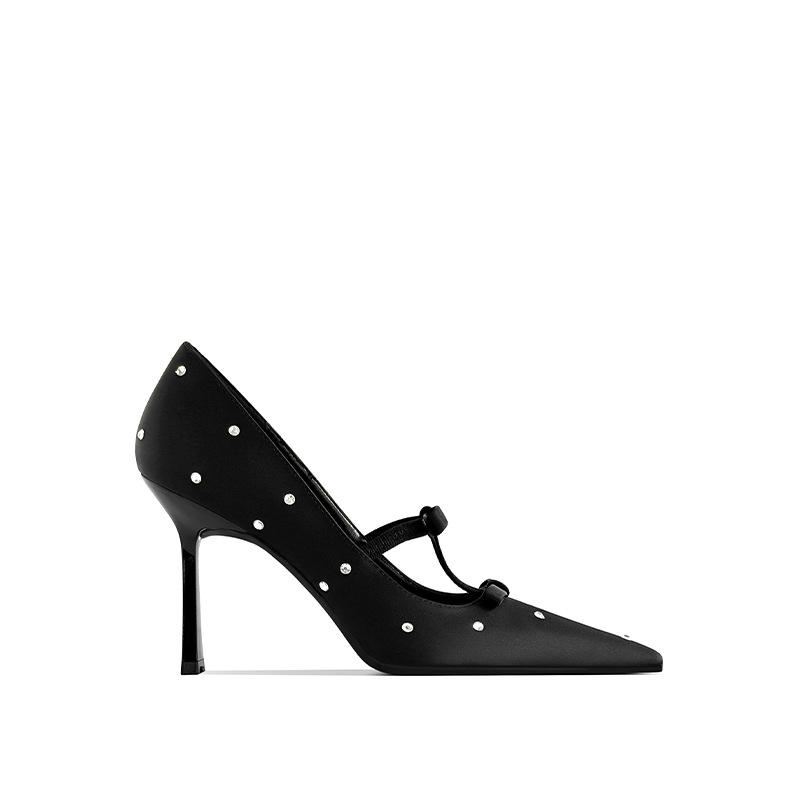 Luxury Sandals Women Designers Dot Rhinestone Bow Sexy Black High Heels Small Square Head Beautiful Light Mouth Backempty Shoes