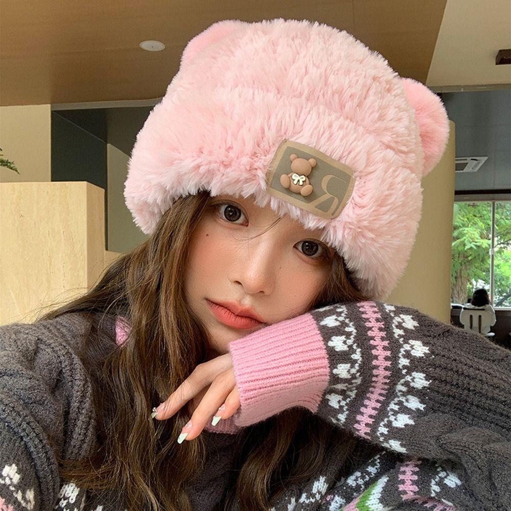 Warm Y2K Bear Ear Hat Cute Beanies Caps Fashion Winter Plush Bear Hat Women