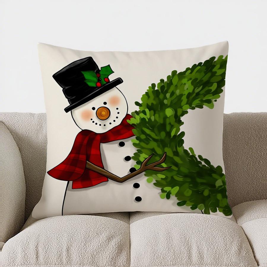 Home Decor Snowman With Wreath Christmas Decor Pillow Pattern Cushion Cover Suitable For Sofa Bedroom Car Pillow Cover
