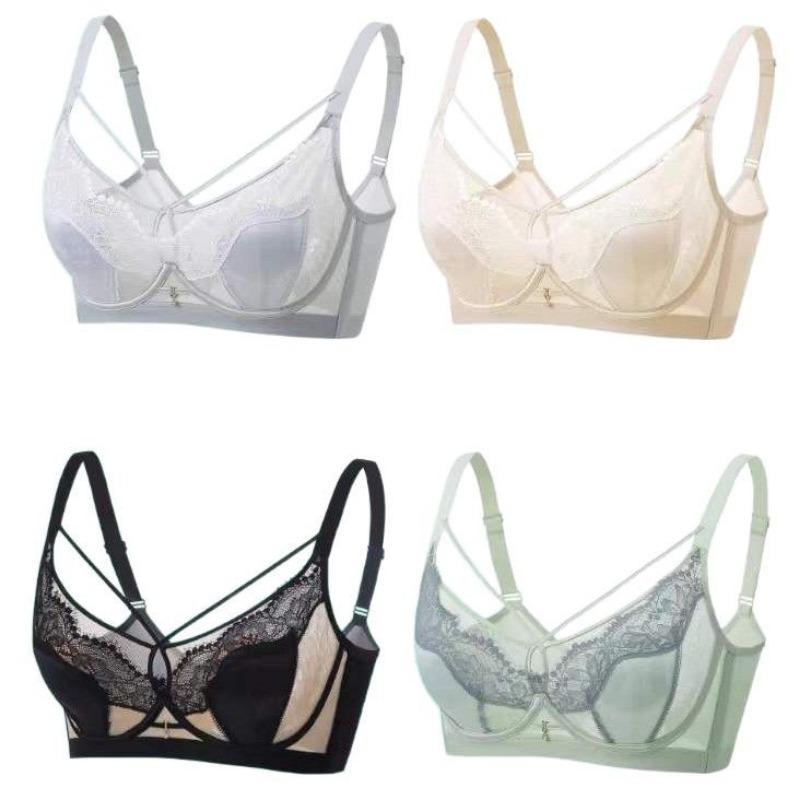 Large Bust-slimming French Bra for Women with Soft Underwire Ultra-thin Lace and Crystal Cups