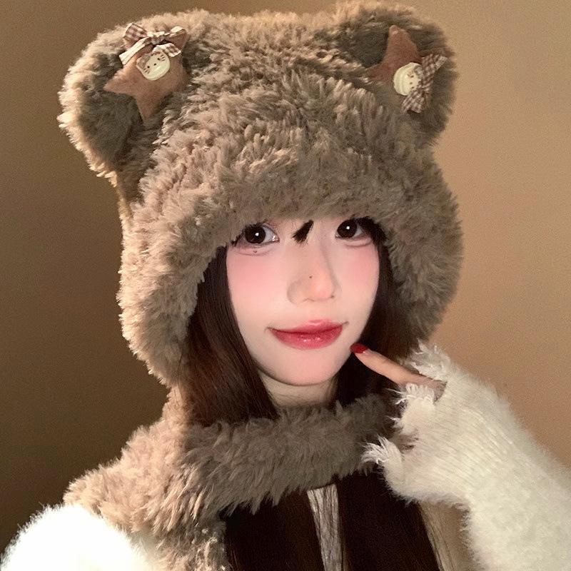New Bear Ear Plush Knitted Hat for Women In Winter Warm Face Showing Small Straps Ear Protection Lei Feng Hat Trend