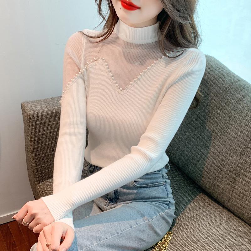 

Осенне-зимняя женская трикотажная одежда, узкая нижняя рубашка, трикотаж с полувысоким воротником, украшенный бисером, топы с длинными рукавами One Size белый