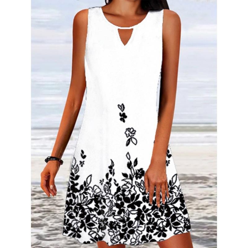 Summer Women Loose Print Long Sleeve Skirt Floral Sleeveless Dress