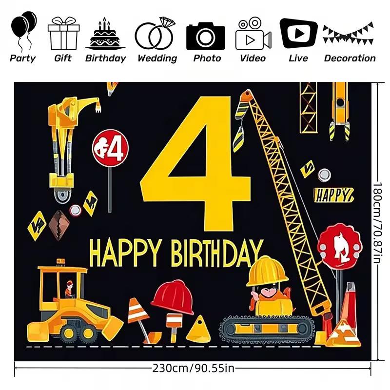 2D Kids Construction 4th Birthday Backdrop - Boys Party Photo Booth Background