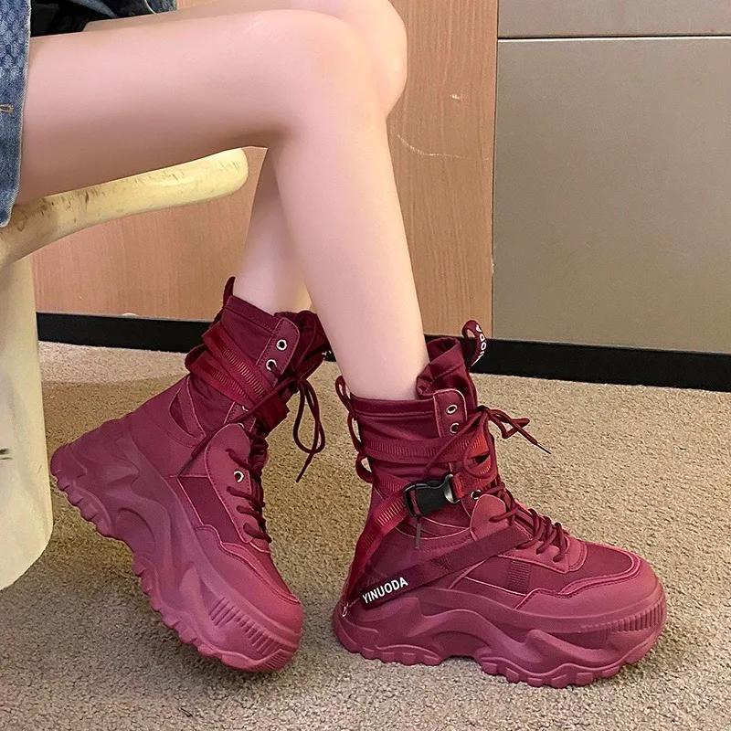 Fashion Hot Fashion Women Chunky Platform Motorcycle Boots White Lace Up Thick Bottom Shoes Woman Autumn Winter Ankle Botas De Mujer