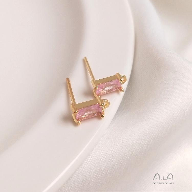 14K Gold-Plated Silver Studs with Rectangular Zircon and Colorful Hanging Ear Pins for DIY Accessories