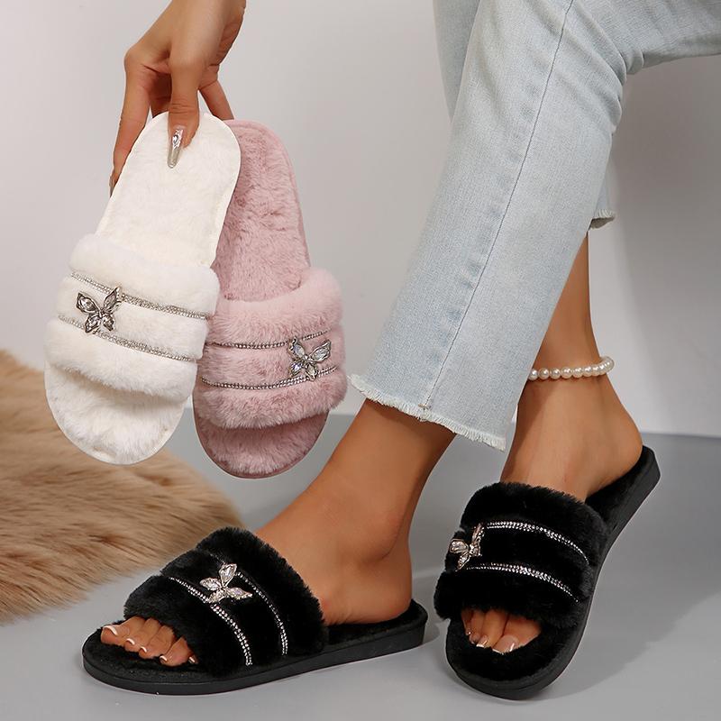 Metal Butterfly Decor Plush Slippers Women Indoor Home Open Toe Faux Fur Slides Woman Shiny Crystal Comfortable Fluffy Slippers