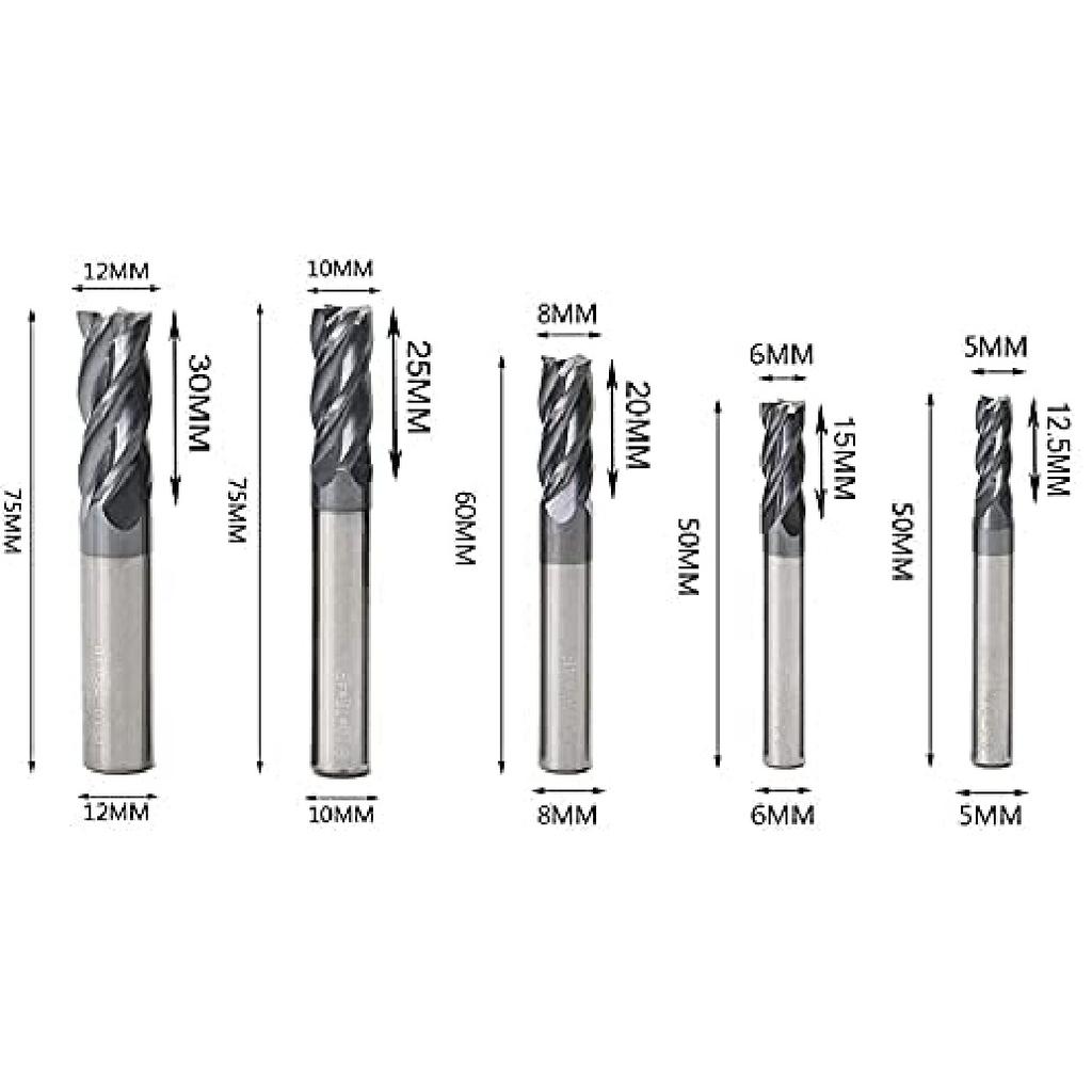 CNC End Mill Set, Carbide Tungsten Steel 4 Fultes Milling Cutter, Router Bits Rotary Bits Tool Straight Shank 2-12mm 8pcs