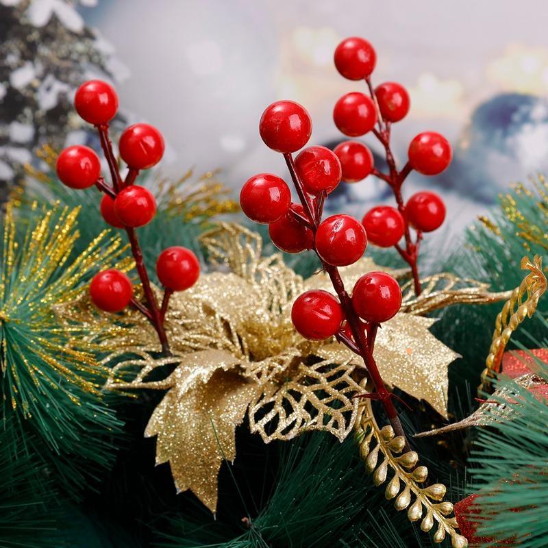 10pcs Artificial Holly Berry Christmas Decor Wire Bundle Garland Wreath Christmas New Year Fake Red Berries for Wreath DIY Home Decor