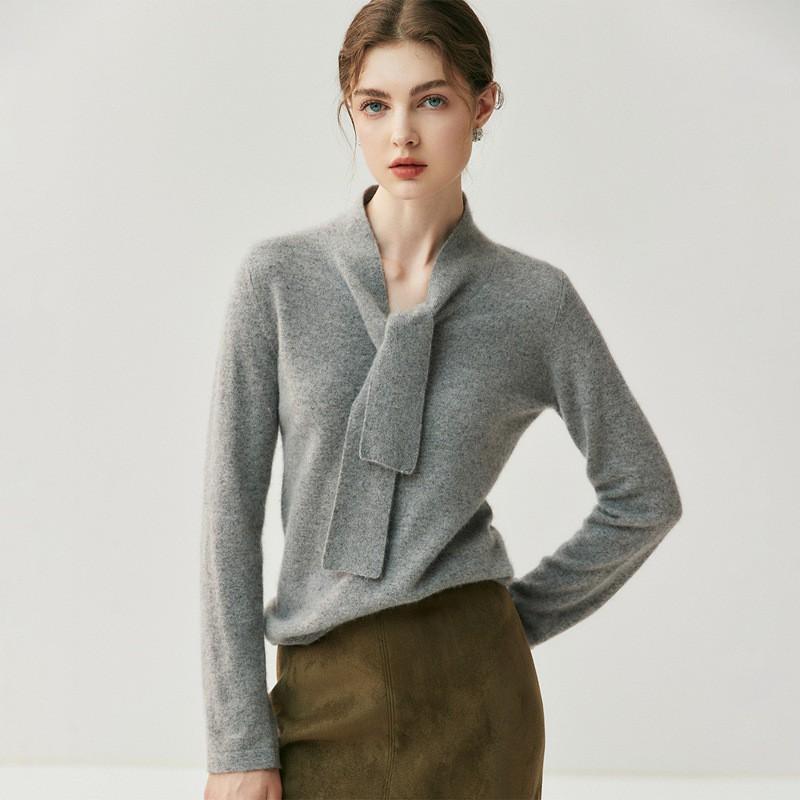 Womens Cashmere Blend Knit Sweater With Scarf Collar Loose Fit Slimming Top