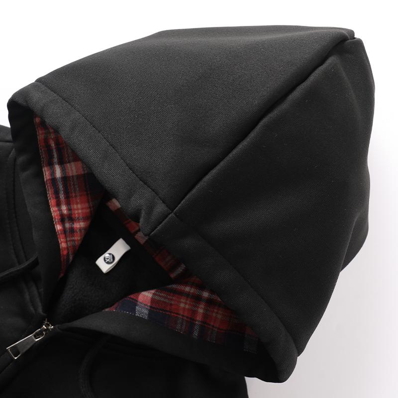 Unisex American Vintage Plaid Fleece Lined Zipper Hooded Sweatshirt Jacket