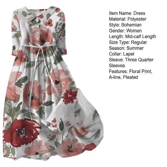 Three Quarter Sleeves A-line Digital Floral Print Bohemian Style Pleated Lace-up Strap Half Single-breasted Shirt Type Midi Dress