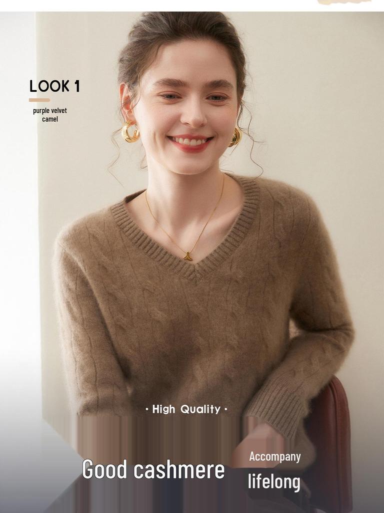 Women’s Cashmere V-Neck Knit Sweater - 2025 Autumn/Winter Collection, Double-Strand, Thickened, Short, Pure Color, Warm Base Layer.