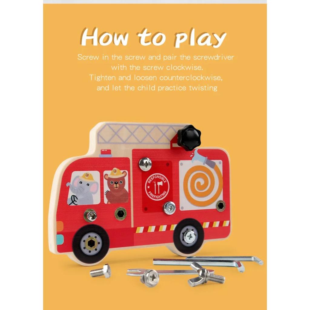 Montessori Busy Board Toy Simulation Fire Truck Twist Screw Bolt Set Basic Skills Learning Teaching Aids Education Toys for Kid
