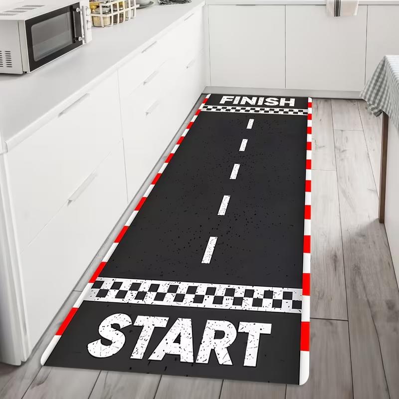 Red White Trim Race Track Start Finish Long Runner Rug Non Slip Hallway Entryway Carpet Wear Resistant Kids Playroom Decor Mat