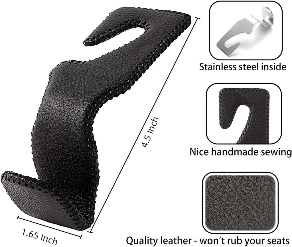 Headrest Hooks for Car, Back Seat Organizer Black Leather Hanger Holder Hook, for Hanging Purses and Bags and Coats, Pack of 2