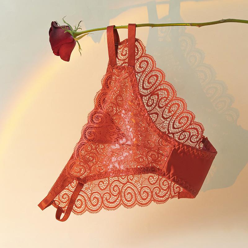 Female Summer New Style Red Satin Sexy Lace Semi Through Hollow Net Gauze Triangle Briefs
