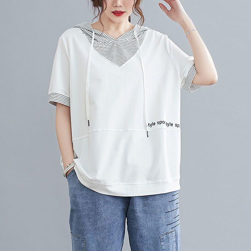 Womens Short-sleeve Hoodies Oversized Loose T-shirt Literary Striped Drawstring Hooded Stitching T-shirt Summer Plus Size