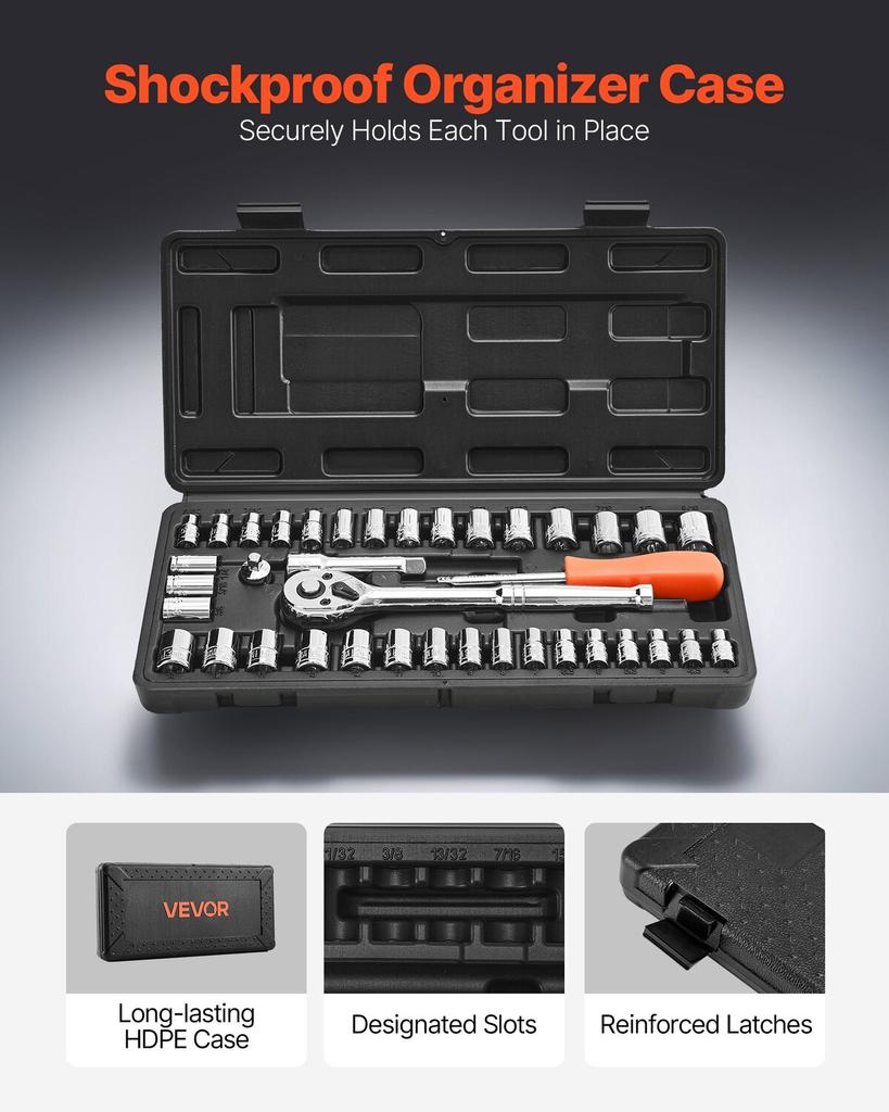 Socket Set, 39 Pieces, 9.5 & 6.4 mm Drive Socket and Ratchet Set, SAE and Metric Size, Mechanic Tool Kit with Ratchet Wrench, Accessories, Storage