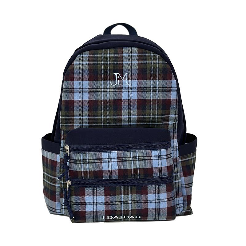 Schoolbag Simple literary backpack Women's large capacity retro versatile plaid backpack Leisure commuting class Student schoolbag