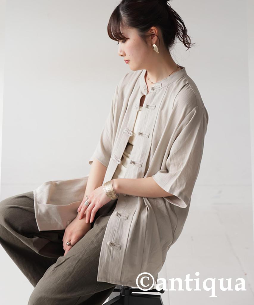 antiqua Short Sleeve Shirt with Chinese One Beige Women's Linen-Like Buttons, PK-01341, Size, 01,