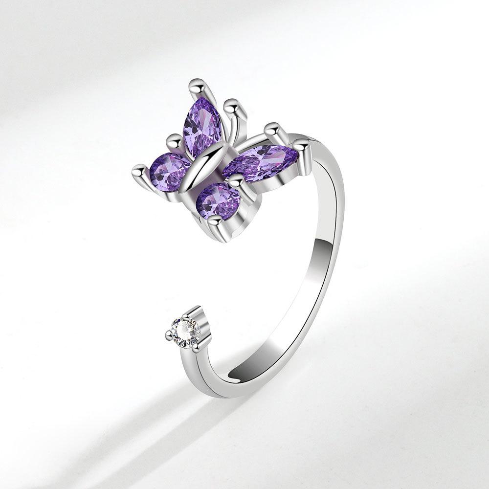 

Adjustable Purple Rhinestone Butterfly Spinning Ring for Women Wedding Aesthetic Fashion Zircon Gift Anxiety Relief Party resizable