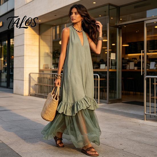 Summer Sleeveless Maxi Dress for Women, Deep V Neck Mesh Patchwork Long Dress, A-line Ruffle Flowy Beach Sundress