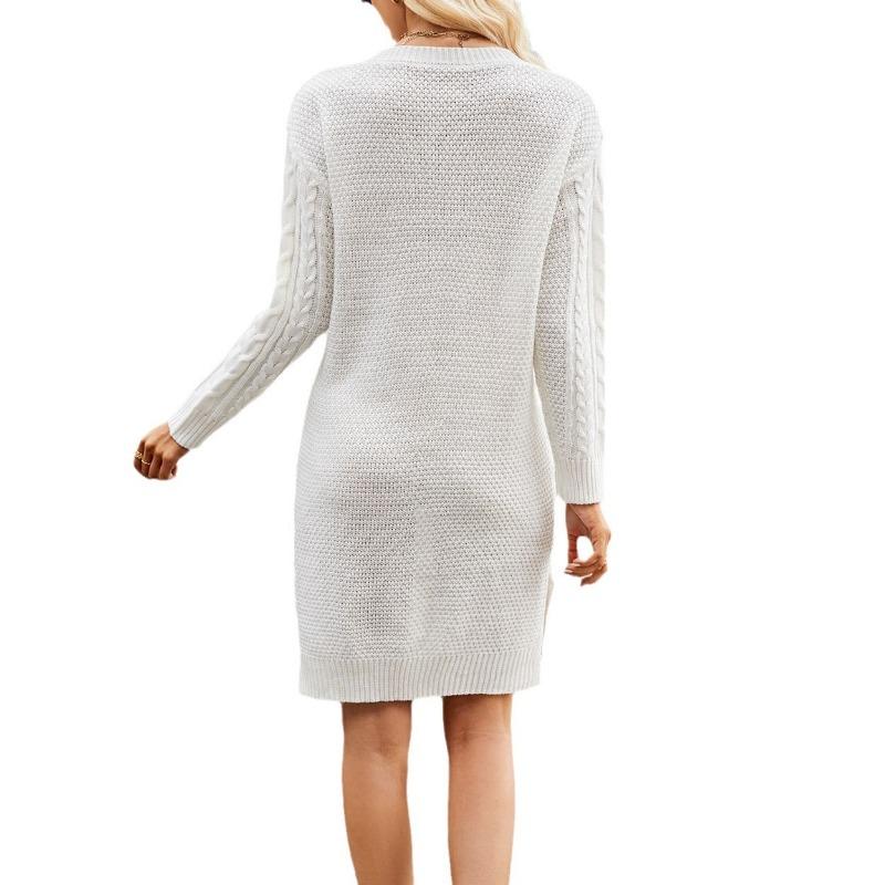 Women's Autumn/winter Twisted Flower Medium Length Solid Color Split Loose Pullover V-neck Sweater Dress
