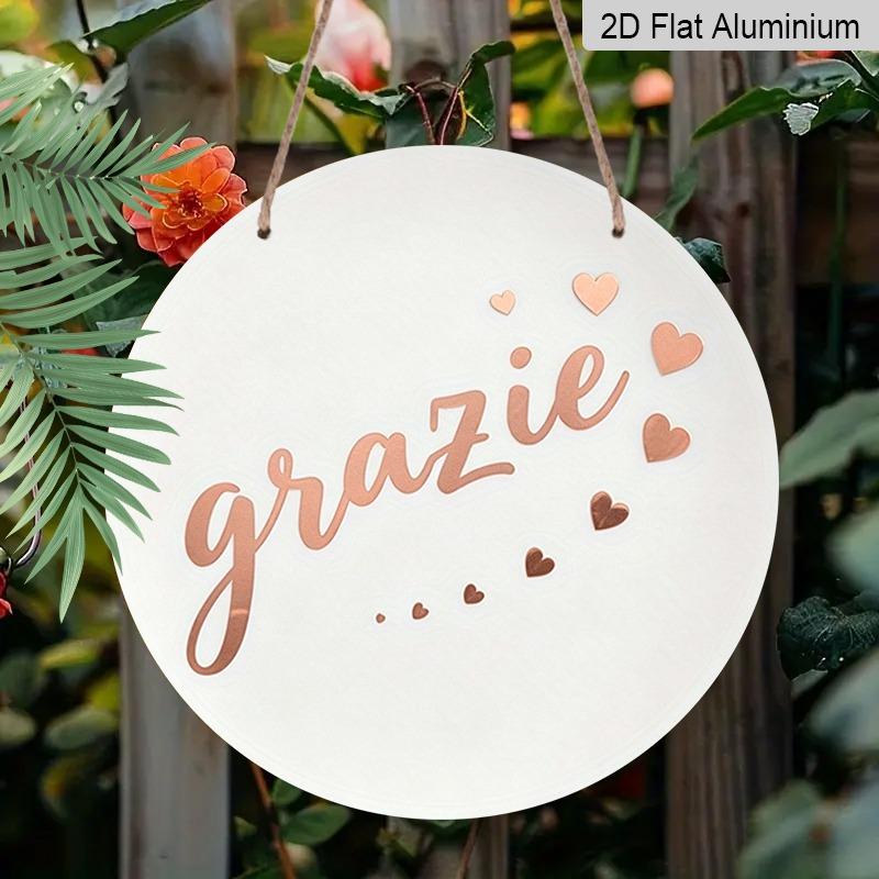 2D Flat Retro Aluminum Wall Stickers In Various Sizes. Rose Gold "Grazie" Thank-you Plaque with Italian Handwritten Heart Element. A Perfect Home