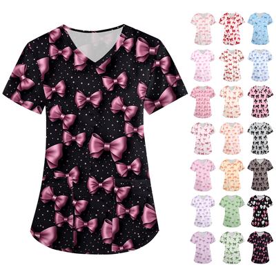 Women's Cute Bow Printed Work Clothes V-neck Double Layer Pockets Basic Short Sleeve Top Pullover