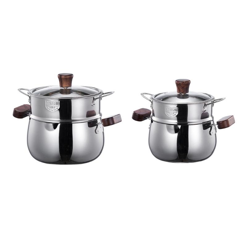 Premium 304 Stainless Steel Double Layer Steamer Pot with Wood Handle Suitable for Efficient and Even Cooking Experience