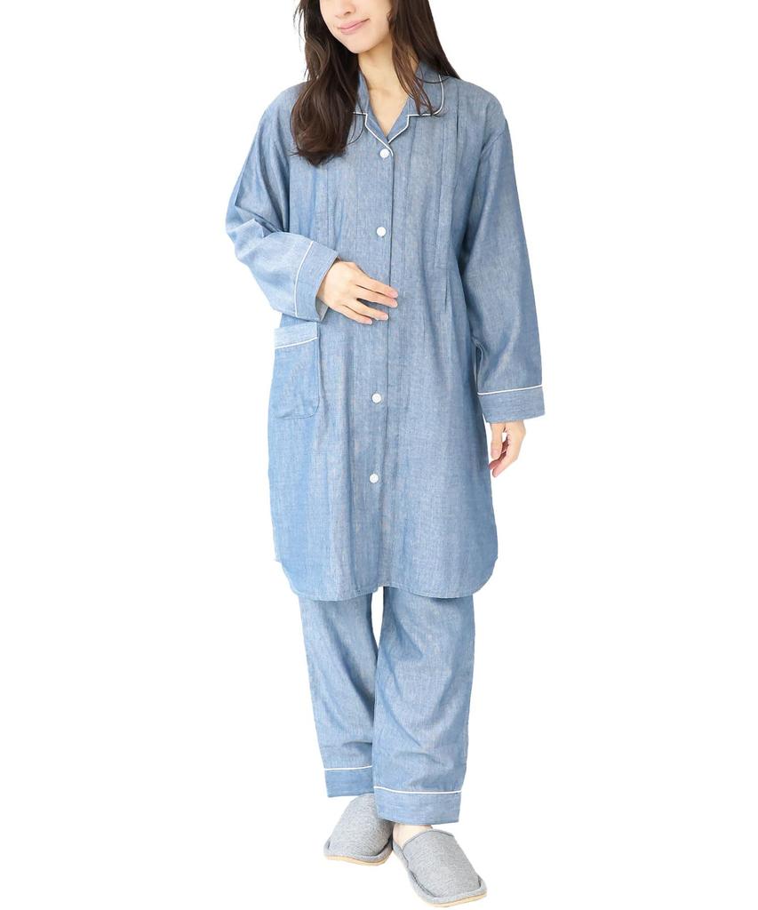 NISHIKI Maternity Long Sleeves with Nursing Cotton Gentle on the Open Long Adjustable Waist Nursing Wear Size Pajamas, Opening, 100% Double-Layer