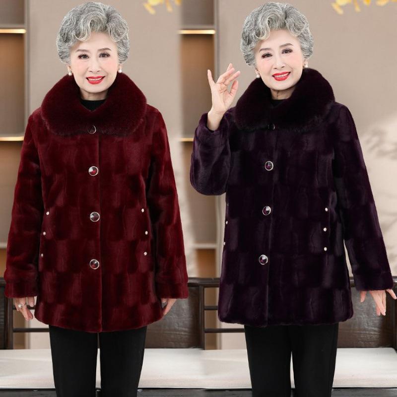 Plus Size Middle Aged Elderly Women Mink Coat Winter Thicken Cotton Padded Faux Fur Jacket High End Grandma Velvet Fur Overcoat