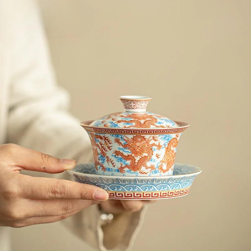 Handmade Jingdezhen Horseshoe Cover Bowl Alum Red Blue And White Teacup Chinese Dragon Tea Tureen Brewing Gaiwan Kung Fu Teaware