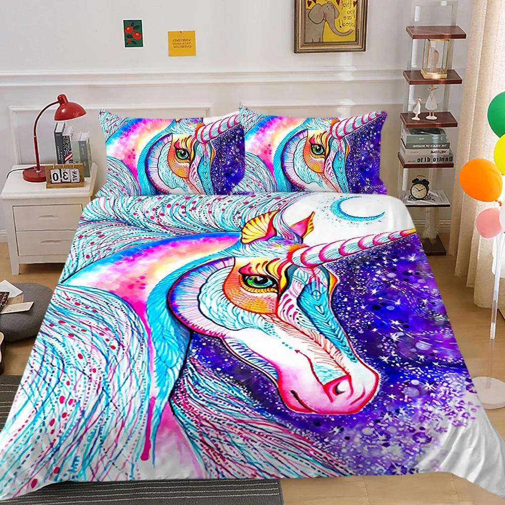 Jednorožec King Queen Povlak na přikrývku Kreslené zvíře Rainbow Universe Sada povlečení pro děti Teen Cosmic Starry Sky Polyester Povlak na přikrývku