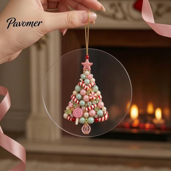 Holiday Tree Decorations 2D Flat Beaded Art Christmas Ornament, Acrylic Rustic/Candy/Snowflake Dangle/Faux Crystal Durable Ornament Xmas Hanging