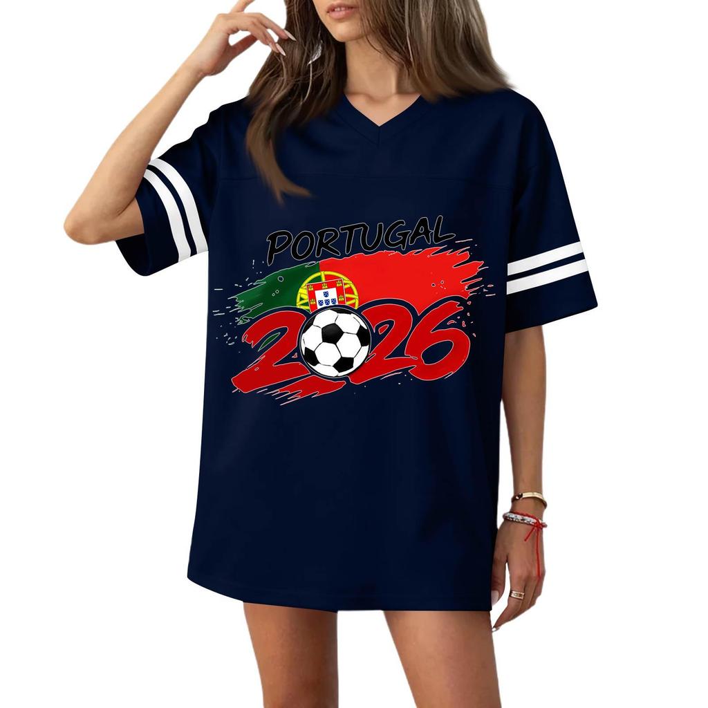 Women's Casual V Neck Short Sleeve Football Jersey Top with Flag Print and 2026 Soccer Graphic for Sports and Wear
