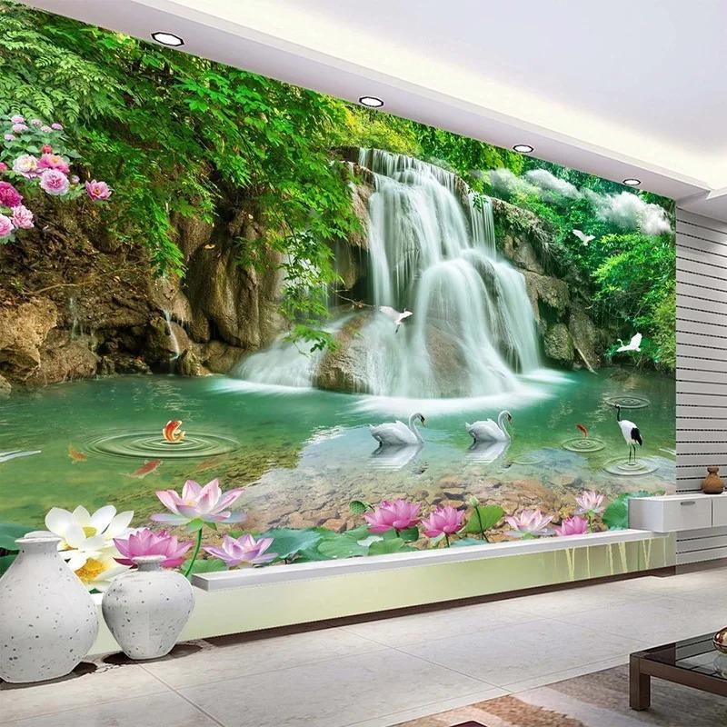 Waterfall Wallpaper River White Swan Photo Mural Green Tree Nature Pastoral Landscape Mural Wallpaper For Walls 3d