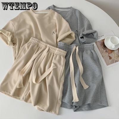2 Piece Sets Womens Outfits Solid Color Suit T-shirt Shorts Set Casual Loose Embroidery Sports Two-piece Sets Summer
