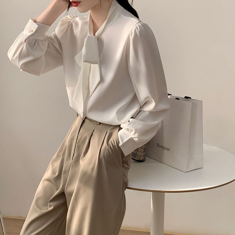 Schicke weiße Langarmbluse Damen Herbst Frühling Bürohemd Schleife Professionell Elegant Chiffon-Top Hohe Qualität