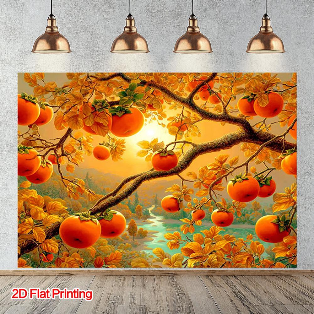 1 Piece of 2D Flat Persimmon Tree and Autumn Leaves Background Fabric Made of Polyester Suitable for Home Garden and Studio.
