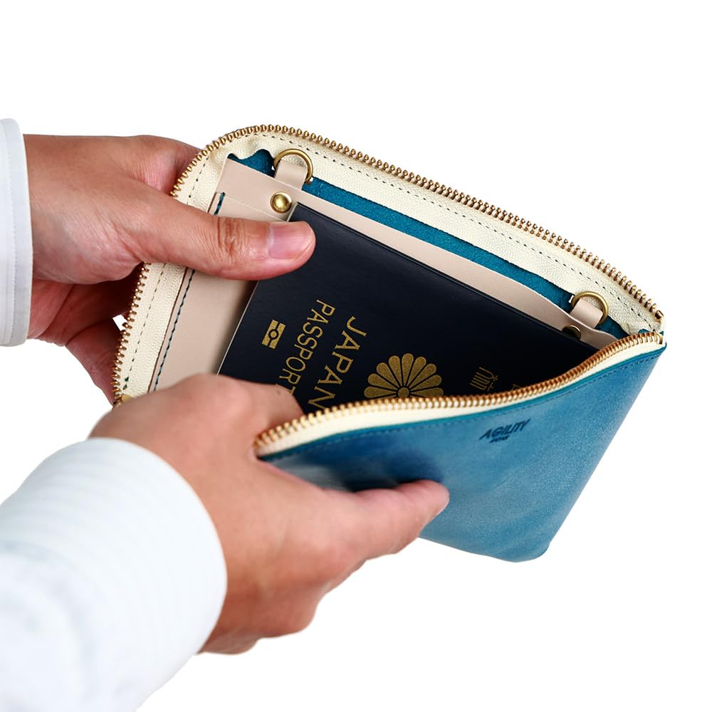 AGILITY affa Long Wallet with Travel Leather Wallet with Smartphone Pouch and Passport Turquoise Blue "Voyage" L-Shaped Zipper, Case,