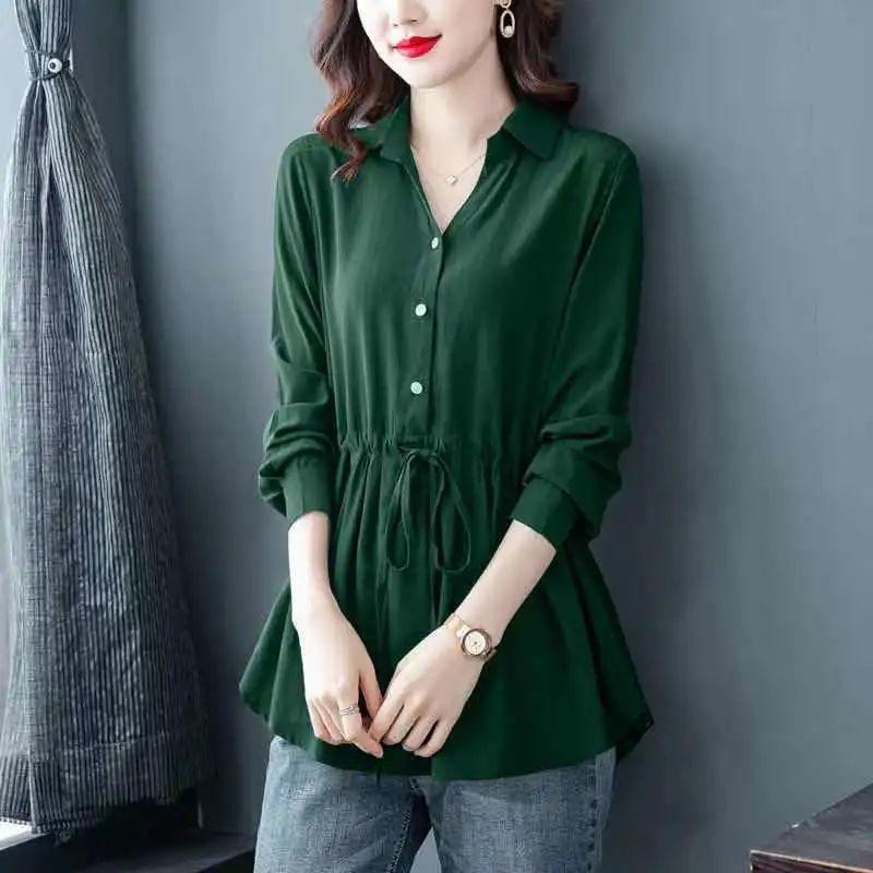 Stylish Slimming Chiffon Blouse Women's Waist-Fitted Top Belly-Covering Slim Fit Shirt Spring