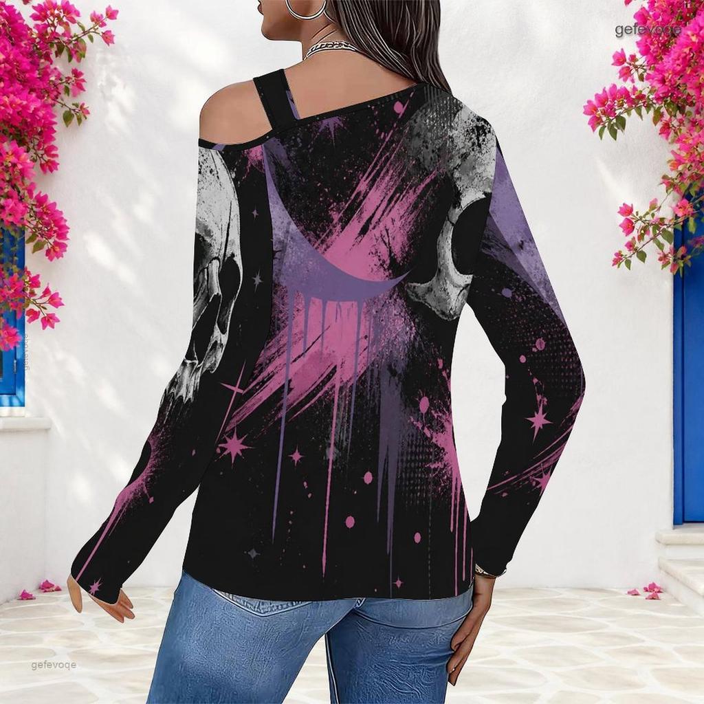 Women Plus Size Asymmetric Cutout Neck Cold Shoulder Long Sleeve Floral Printed Denim Blue Blouse