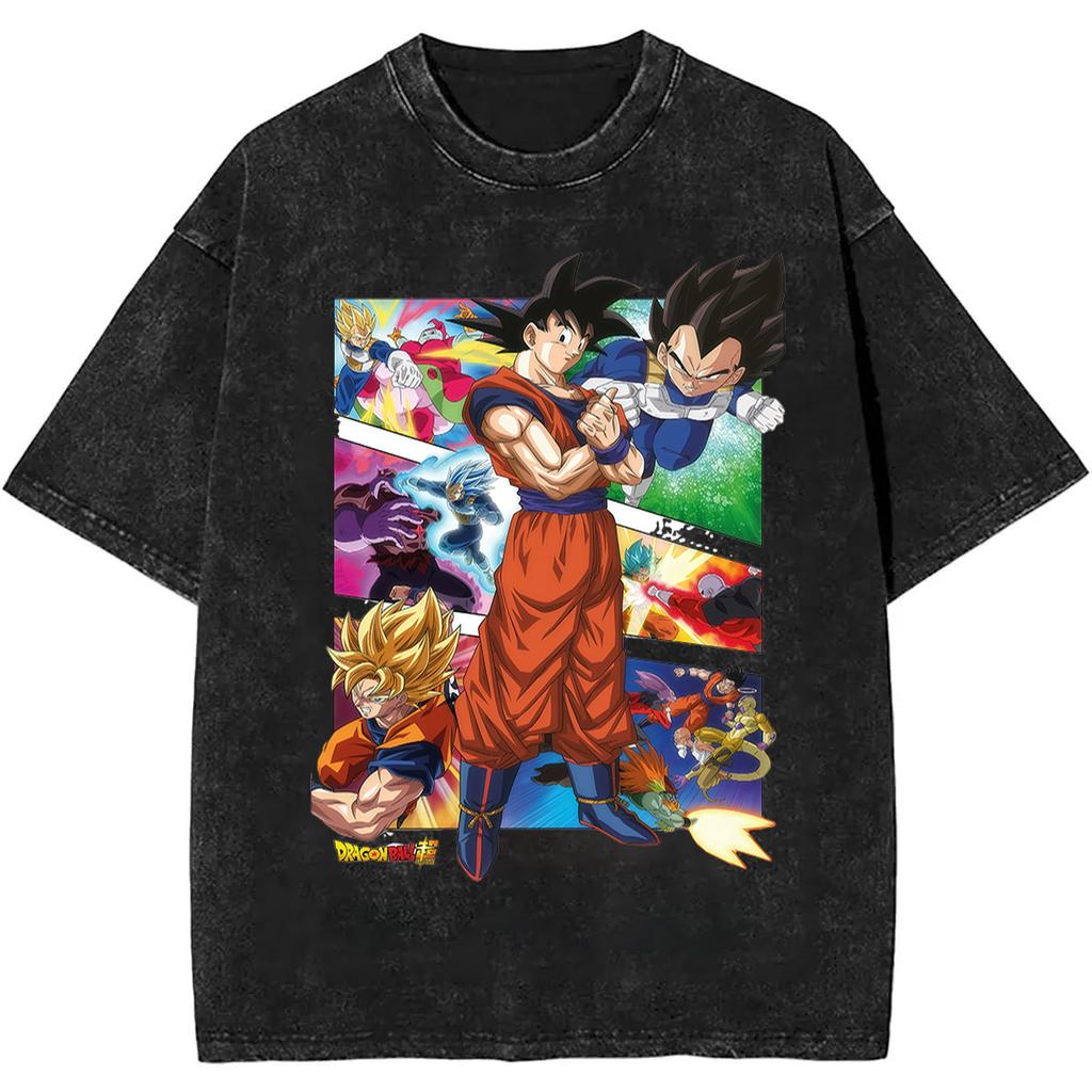 2026 Summer Dragon Ball Nostalgic T-Shirt 100% Cotton Heavyweight Washed Retro Oversized Men's Anime Print Streetwear Unisex