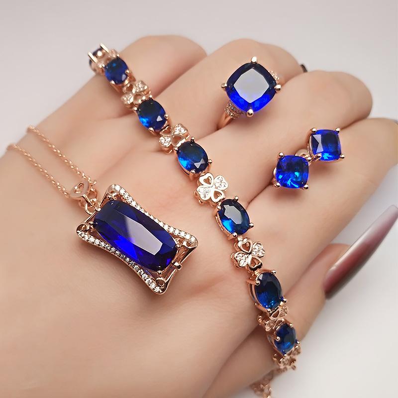 

2025 Inlaid Sapphire Set Ring, Feminine Temperament, Rose Gold, Deep Blue, High-end Necklace, Earrings 45CM