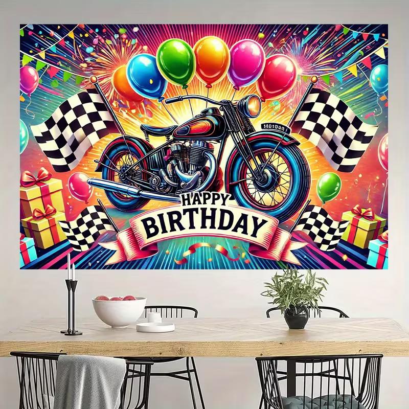 

2D Biker Happy Birthday Backdrop - Motorcycle Party Photo Booth Background 47.2x31.5inch/120*80cm