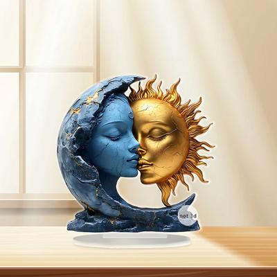 Yousheng Ornamento Luna Sole da Tavolo Decorazione Acrilica Piatta 2D Decorazione Luna e Faccia Sole in Piedi per Casa Ufficio Scrivania Libreria
