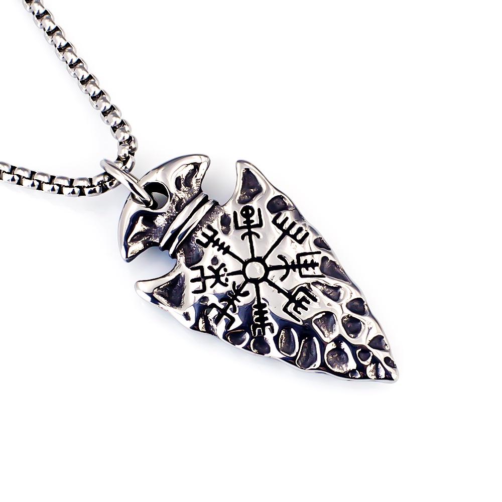 European Viking Titanium Steel Rune Necklace with Stainless Steel Spearhead and Compass Pendant